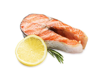 Tasty grilled salmon steak, lemon and rosemary isolated on white