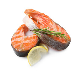 Tasty grilled salmon steaks and rosemary isolated on white
