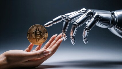 Robot hand and human hand with crypto coin