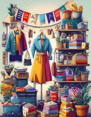 A colorful garage sale poster featuring various items for sale in a vibrant marketplace setting. Generative AI