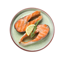 Tasty grilled salmon steaks, lemon and rosemary isolated on white, top view
