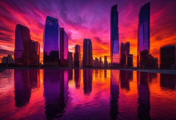 Obraz premium stunning dramatic sunset over contemporary urban landscape featuring vibrant colors unique design elements that inspire innovation architecture, cityscape