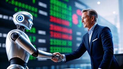 AI robot shaking hand with businessman