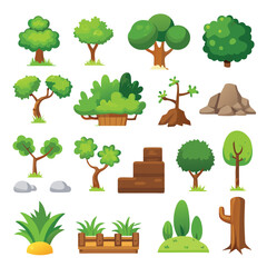 Stylized Tree and Bush Icons for 2D Games Cartoon Style Flat Colors No Shadows Vector Graphics