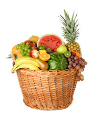 Many different fresh fruits in wicker basket isolated on white