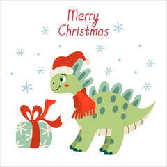 Card with a cute baby dinosaur, snow and gift box. Vector flat illustration and Merry Christmas hand drawn lettering. Xmas design.