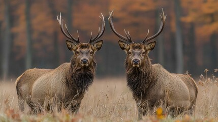 Two majestic deer with impressive antlers stand together in a serene meadow surrounded by autumn foliage