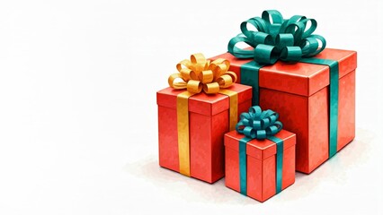 Fototapeta premium Rot verpackte Geschenke mit goldenen und blauen Schleifen auf weißem Hintergrund. Passt perfekt zu festlichen Anlässen und für die Weihnachtskarte, Platz für Text, generative KI
