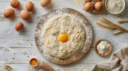 Dough, eggs and flour cooking on white wooden plate
