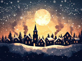 Fototapeta premium A serene winter night scene featuring cozy village silhouette against glowing moon. Snowflakes gently fall, creating magical atmosphere of peace and warmth