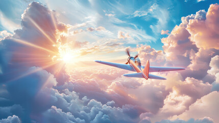 Naklejka premium vintage World War II fighter plane soaring through vibrant clouds at sunset, capturing beauty of flight and thrill of adventure