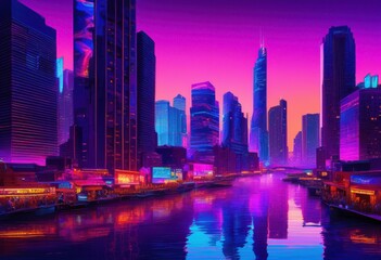 Obraz premium dynamic cityscapes twilight featuring vibrant neon lights illuminating skyscrapers urban landscapes, skyline, architecture, night, glow, exterior, street
