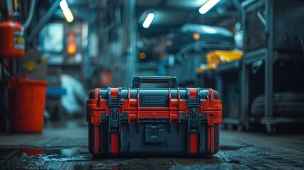 Industrial setting featuring a robust, red and black protective equipment case placed centrally in a meticulously organized, dimly lit workshop