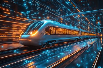 Fototapeta premium A train is moving through a tunnel with a bright orange light shining on it