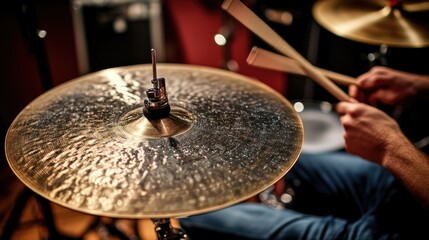 Fototapeta premium A close-up shot of a drumstick hitting the cymbal, sending vibrations through the studio, with the musician fully immersed in the beat.