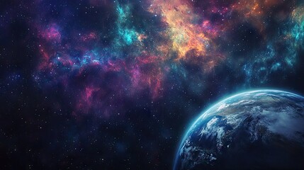 Obraz premium A colorful nebula spreading across the cosmos, with Earth faintly visible in the lower corner, showcasing the contrast between the planet and the universe.