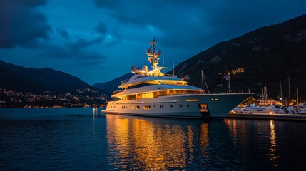 Luxury yacht illuminated at dusk in tranquil harbor.