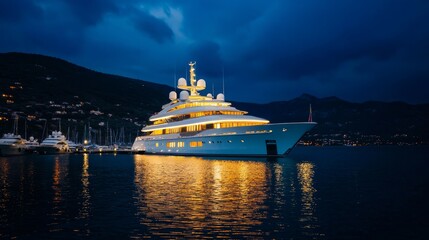 Luxury yacht illuminated at night floating peacefully in calm waters.