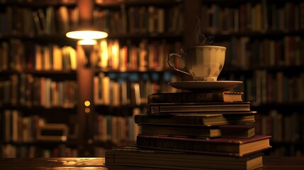 A coffee cup resting on stack of mystery novels in dimly lit library