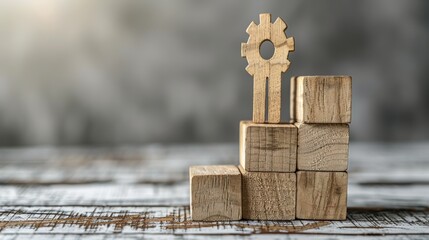 Obraz premium Wooden gear figure standing on top of wooden blocks, symbolizing leadership, business process, teamwork. Represents growth, planning, professional development in corporate settings.