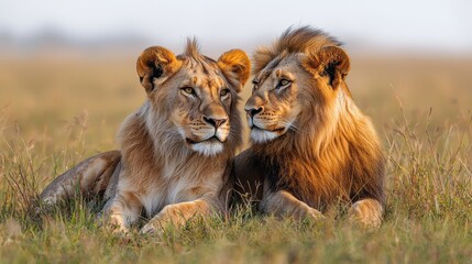 A lion and lioness resting together in the golden grasslands during a calm sunset in the African savanna