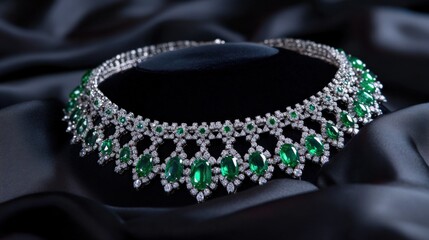 Fototapeta premium The necklace features a delicate arrangement of vibrant emeralds and brilliant diamonds, reflecting luxury and elegance against a black satin backdrop