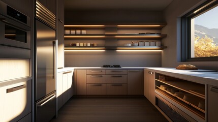 Fototapeta premium Modern kitchen interior with wooden shelves and sleek appliances, natural light flowing in.