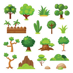 Stylized Tree and Bush Icons for 2D Games Cartoon Style Flat Colors No Shadows Vector Graphics