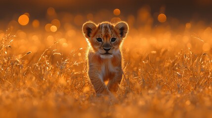 Lion cub walks confidently through golden grass in the Serengeti at sunset, capturing the essence of wildlife in its natural habitat