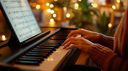 A digital piano performance in a cozy living room setting, with the player's hands on the keys and sheet music displayed on a tablet nearby.