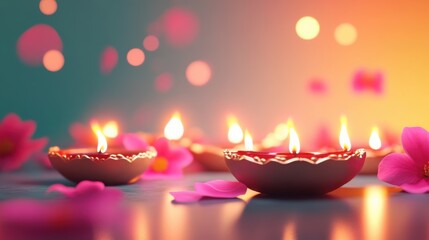 Colorful Diwali background with floating diyas and space for a message.