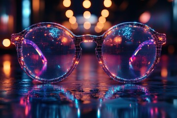 A pair of glasses with a blue frame and purple lenses