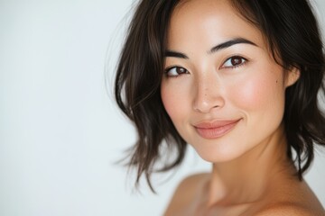 Fototapeta premium A senior Asian woman with shoulder-length hair poses in a bikini, exuding confidence and grace against a clean white background.