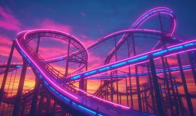 Neon-Lit Roller Coaster Track Against a Colorful Sunset Sky, AI generated illustration