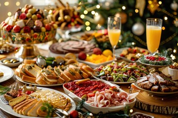 Obraz premium A table is set with a variety of food and drinks, generative ai image