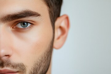 Fototapeta premium Close up view of a man's ear on white background. Copy space. generative ai