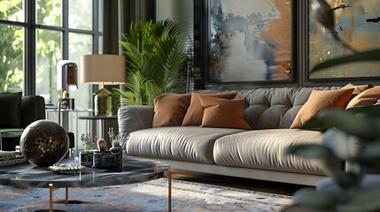 Obraz premium Interior of luxury living room with armchair, comfortable cozy sofa and coffee table