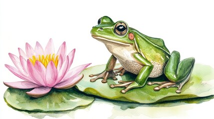 Obraz premium A frog sitting on a lily pad beside a beautiful pink lotus flower.