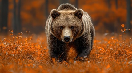 Fototapeta premium A majestic bear walks through an autumn forest filled with vibrant orange foliage during the serene morning light