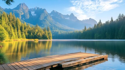 Obraz premium Serene mountain lake with a wooden dock and a majestic mountain range in the background the calm waters reflecting the mountainous landscape warm sunlight filtering through the atmosphere
