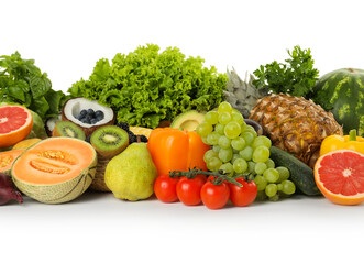 Different fresh vegetables and fruits isolated on white