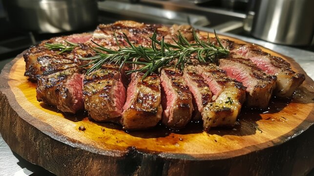 A beautifully grilled Bistecca alla Fiorentina, showcasing a perfectly charred crust and juicy interior, served on a wooden platter with fresh rosemary and a drizzle of olive oil.