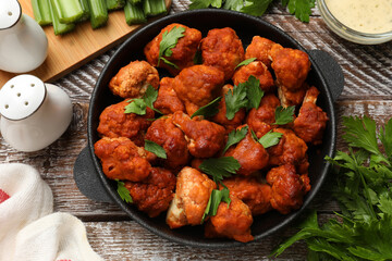 Baked cauliflower buffalo wings with parsley served on wooden table, flat lay