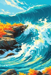 dynamic wave patterns showcasing vibrant coastal colors energetic seascape, aesthetics, azure, beach, beauty, contrast, current, design, driftwood, foam