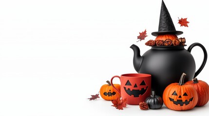 Halloween themed tea set with pumpkins and leaves on a white background.