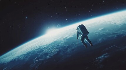 A lone astronaut floating in space, tethered to a spacecraft, with Earths surface visible far below, showcasing the vastness of space and the beauty of the planet.