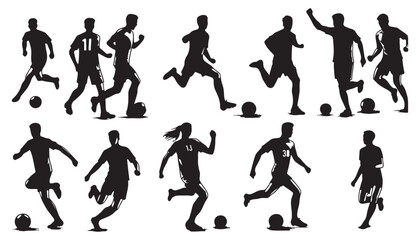 Soccer, football, group of men and women playing football vector illustration black and white art design