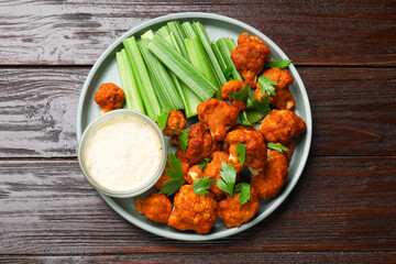 Tasty cauliflower buffalo wings, sauce and celery on wooden table, top view