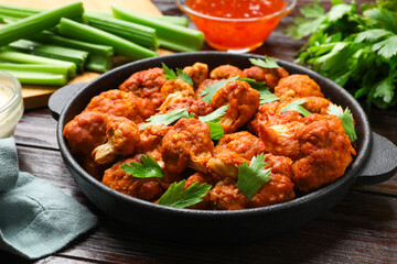 Tasty cauliflower buffalo wings, sauces and celery on wooden table, closeup