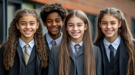 Fototapeta premium Four students in formal wear smiling outside
